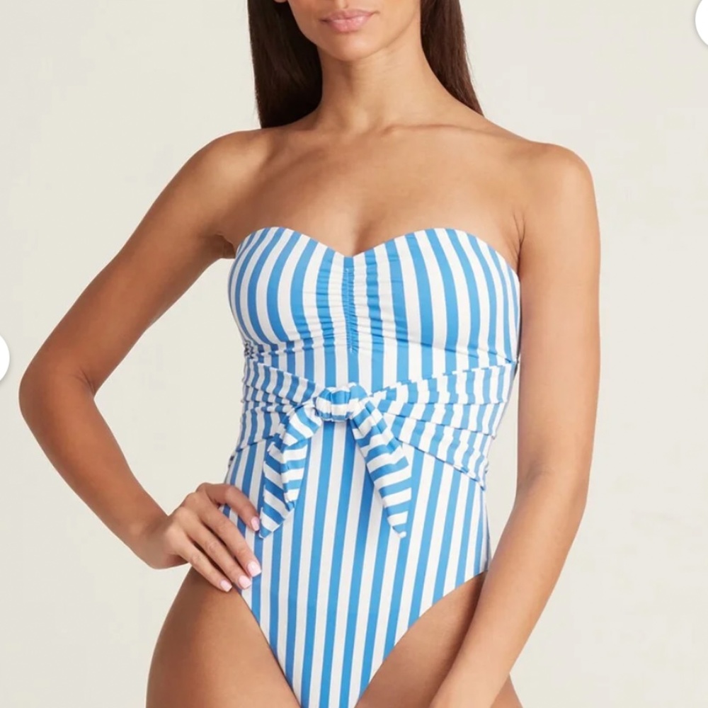 Onia Capri Strapless One-Piece Front Tie Blue Striped Swimsuit MSRP:$195.00 sz S